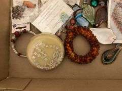 Costume jewelry: bracelets, glass pendants, Susan Clarke purse kit