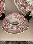 Contents of shelf: red Staffordshire transfer printed china platter, plates, cup/saucer, including Caledonia pattern