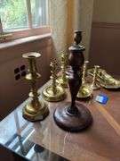 Brass and wood candleholders, wick trimmer on tray