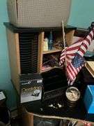 Corner desk and contents: desk accessoroies, CDs, brief cases, cables, misc