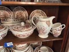 Contents of two shelves: Alfred Meakin Fair Winds pattern brown transfer dinnerware set w/ serving pcs