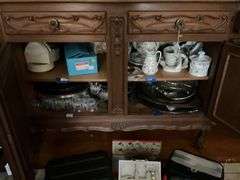 Louis XV style 2-part cabinet w/ carved crest, leaded glass central cabinet doors, carved panels and drawer fronts throughout, cabriole legs - no contents 92x22x93 MUST COME DURING LAST 2 HOURS OF PICKUP FOR THIS ITEM