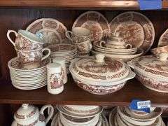 Contents of two shelves: Alfred Meakin Fair Winds pattern brown transfer dinnerware set w/ serving pcs