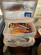 Plastic storage drawers and totes w/ craft supply contents