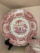 Contents of shelf: red Staffordshire transfer printed china including White Mountain NH scene and Columbus