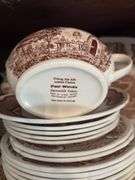 Contents of two shelves: Alfred Meakin Fair Winds pattern brown transfer dinnerware set w/ serving pcs