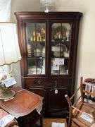 Brandt mahogany corner cupboard, molded cornice over two glazed doors, drawer and cabinet base - no contents - MUST COME DURING LAST 2 HOURS OF PICKUP FOR THIS ITEM