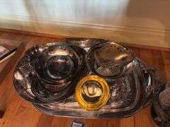 Silverplated tray and serving pcs, and Victorian table castor w/ bottles - missing handle