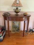 Demi-lune game table w/ inlaid diamonds, tapered legs - no contents 41x18x30