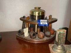 Wood/metal tobacco humidor/pipe rack w/ pipes