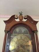 JOHN WESTON/ WOLSINGHAM tall case clock, brass face w/ rocking ship movement, case has inlaid stringing and details, ogee bracket feet 20x10x91