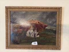 Primitive painting, dogs under umbrella, gilt frame 20x26