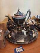 Silverplated teaset, Revere bowl and serving pcs, pewter goblets, bowls