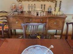 Federal style sideboard, cross banded top and fronts, inlaid ovals, square tapered legs, has bottle drawer - no contents 66x26x38 MUST COME DURING LAST 2 HOURS OF PICKUP FOR THIS ITEM