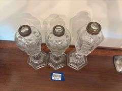 Three glass whale oil lamps - by the pc take three