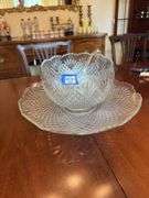 Pineapple and Fan pressed glass punch bowl and under tray w/ ladle
