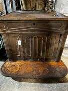 Complete Ben Franklin cast iron wood stove, two folding fireplace screens
