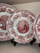 Contents of shelf: red Staffordshire transfer printed Spanish Convent pattern plates