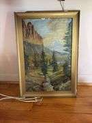 Primitive painting, landscape, gilt frame 15x21