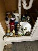 Stool, toilet stools, waste can, blood pressure monitor in box, contents of cabinet under sink and drawer