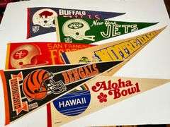 Six pennants: Buffalo Bills (autographed), Forty-Niners, Jets, Bengals, Notre dame, Aloha bowl