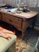 Oak finish coffee table w/ drawers, turned legs - no contents 51x25x18