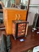 Floral decorated jewelry box and oak jewelry cabinet