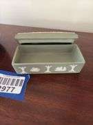 Blue Wedgwood jasperware pitcher, and green jasperware box