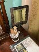 Victorian shaving mirror w/ reproduction mustache mug, two shaving brushes