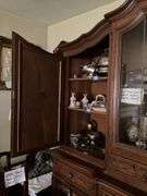 Louis XV style 2-part cabinet w/ carved crest, leaded glass central cabinet doors, carved panels and drawer fronts throughout, cabriole legs - no contents 92x22x93 MUST COME DURING LAST 2 HOURS OF PICKUP FOR THIS ITEM