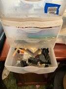 Plastic storage drawers and totes w/ craft supply contents