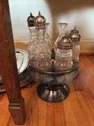 Silverplated tray and serving pcs, and Victorian table castor w/ bottles - missing handle