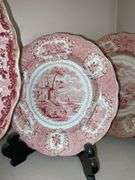 Contents of shelf: red Staffordshire transfer printed platter and plates, including British Lakes pattern
