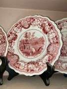 Contents of shelf: red Historical Staffordshire transfer printed View Near Conway NH pattern plates
