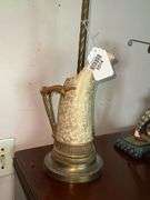 Royal Worcester porcelain pitcher mounted as table lamp, w/ fabric shade