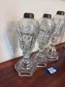 Three glass whale oil lamps - by the pc take three
