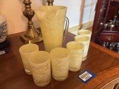 MCM mid-century modern spaghetti swirl glass pitcher and tumblers set