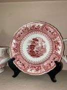 Contents of shelf: red Staffordshire transfer printed china teapot, sugar & creamer, plates