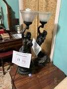 Pair Art Nouveau style figural table lamps w/ frosted glass shades - by the pc take two