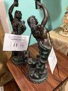 Pair Art Nouveau style figural table lamps w/ frosted glass shades - by the pc take two