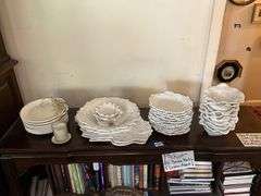 White molded floral dishes and serving pcs, votive cup