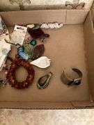Costume jewelry: bracelets, glass pendants, Susan Clarke purse kit