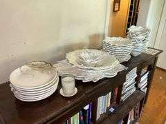 White molded floral dishes and serving pcs, votive cup
