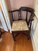 Chippendale corner chair w/ pierced back splats, tapestry seat