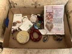 Costume jewelry: bracelets, glass pendants, Susan Clarke purse kit