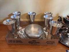 Silverplated teaset, Revere bowl and serving pcs, pewter goblets, bowls