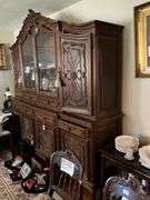 Louis XV style 2-part cabinet w/ carved crest, leaded glass central cabinet doors, carved panels and drawer fronts throughout, cabriole legs - no contents 92x22x93 MUST COME DURING LAST 2 HOURS OF PICKUP FOR THIS ITEM