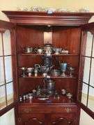 Mahogany corner cupboard w/ molded cornice over glazed doors, drawer and cupboard base, w/ bracket feet - no contents 34.25x17x72 MUST COME DURING LAST 2 HOURS OF PICKUP FOR THIS ITEM