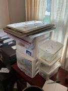Plastic storage drawers and totes w/ craft supply contents