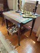 2-tier stand w/ inlaid top, and protective glass top - no contents 20x20x25